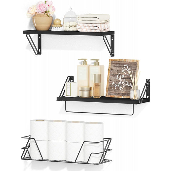 2+1 Wall Shelves with Wire Basket for Home